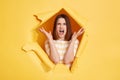 Portrait of angry aggressive young woman stands in torn paper hole, screaming with hate and anger, raised arms, looking through Royalty Free Stock Photo