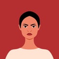 Portrait of an angry Asian woman. Grumpy girl. Feeling anger. Full face portrait in flat style