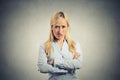 Portrait angry blonde woman on grey background