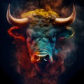 Portrait of an angry bull face made with colorful powder, fire splatters, and smoke