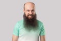 Portrait of angry crazy middle aged bald man with long beard in light green t-shirt standing with mad face, clenching teeth and Royalty Free Stock Photo
