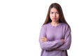 Portrait of angry cute asian woman standing posing with crossing hand isolated on white background with purple clothes , With