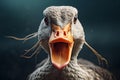 Portrait of angry duck with open beak