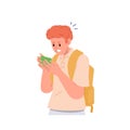 Portrait of angry emotional frustrated boy child cartoon character addicted to mobile phone