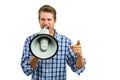 Portrait of angry man yelling through megaphone Royalty Free Stock Photo