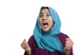 Portrait of angry muslim businesswoman insanity gesture