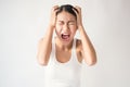 Portrait of angry pensive mad crazy asian woman screaming out expression, facial Royalty Free Stock Photo