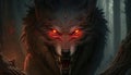 Angry wolf with red eyes close up - Generative AI