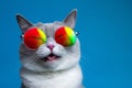 portrait animal funny cute colourful sunglasses pet neon fashion cat. Generative AI.