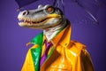 Portrait of a crocodile wearing a raincoat and an umbrella in studio, colorful background. Autumn concept. Generative AI