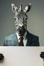 Portrait of an animalisitc zebra wearing a plaid business suit and tie holding a white empty advertisement sign