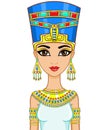 Portrait of the animation Egyptian princess in gold jewelry. Queen Nefertiti. The vector illustration isolated