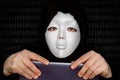 Portrait of anonymous man with white mask isolated on black Royalty Free Stock Photo