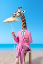 portrait of a Anthropomorphic cute giraffe in a pink suit and glasses with a cocktail in his hands on the beach against the sky.