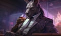 In the portrait, the anthropomorphic donkey displayed a sophisticated charm while holding a glass of whiskey in its jacket pocket