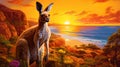 A portrait of an anthropomorphic kangaroo painted against the background of the Australian sunset Royalty Free Stock Photo