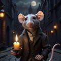 portrait of an anthropomorphic mouse holding a candle-lit candle holder, walking down a dark street at night. Dark illustration of