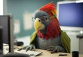 Portrait of an anthropomorphic parrot as a developer in the office. Generate Ai.