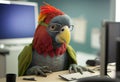 Portrait of an anthropomorphic parrot as a developer in the office. Generate Ai.