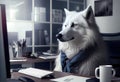 Portrait of an anthropomorphic polar wolf as a developer in the office. Generate Ai.