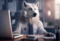 Portrait of an anthropomorphic polar wolf as a developer in the office. Generate Ai.