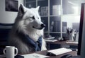 Portrait of an anthropomorphic polar wolf as a developer in the office. Generate Ai.
