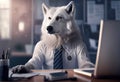 Portrait of an anthropomorphic polar wolf as a developer in the office. Generate Ai.