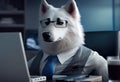Portrait of an anthropomorphic polar wolf as a developer in the office. Generate Ai.