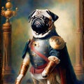 Portrait of an anthropomorphic pug in a pirate costume and a general\'s uniform