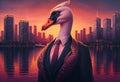 Portrait of an anthropomorphic swan dressed as a businessman against the backdrop of a modern city at sunset. Generate