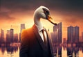 Portrait of an anthropomorphic swan dressed as a businessman against the backdrop of a modern city at sunset. Generate
