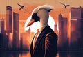 Portrait of an anthropomorphic swan dressed as a businessman against the backdrop of a modern city at sunset. Generate