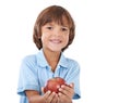 Portrait, apple or happy boy with nutrition, wellness or healthy diet in studio isolated on white background. Food Royalty Free Stock Photo