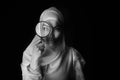 Portrait Arab girl in white hijab, b/w foto, black eye Royalty Free Stock Photo