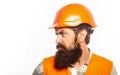 Portrait architect builder, civil engineer working. Bearded man worker with beard in building helmet or hard hat