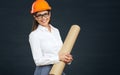 Portrait of architect student woman with blueprints Royalty Free Stock Photo