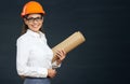 Portrait of architect student woman with blueprints Royalty Free Stock Photo