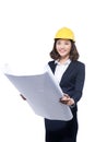 Portrait of architect student woman with blueprints protect wear Royalty Free Stock Photo