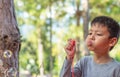 Portrait asia boy blowing bubbles in garden