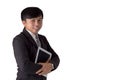 Portrait Asia young man wearing suit holding tablet and smiling Royalty Free Stock Photo