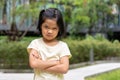 Portrait of an Asian angry and sad little girl. The emotion of a child when tantrum and mad, expression of grumpy emotion. Kid Royalty Free Stock Photo