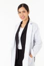 Portrait of asian an attractive young female doctor in white coat about medical or science health care concept on white background Royalty Free Stock Photo