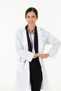 Portrait of asian an attractive young female doctor in white coat about medical or science health care concept on white background Royalty Free Stock Photo