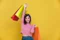 Portrait Asian beautiful happy young woman smiling cheerful and holding shopping bags isolated on yellow studio background. Royalty Free Stock Photo