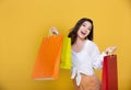 Portrait Asian beautiful happy young woman smiling cheerful and holding shopping bags on yellow background.Happiness, consumerism Royalty Free Stock Photo