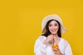 Portrait Asian beautiful happy young woman with sunglasses  smiling cheerful and Holding a glass of orange juice in summer and Royalty Free Stock Photo
