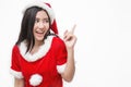 Portrait of asian beautiful woman wearing santa custume with her finger point up