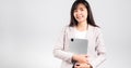 Portrait of Asian beautiful young woman smiling holding tablet computer Royalty Free Stock Photo