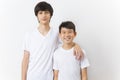 Portrait of Asian boy and caucasian teen on white background.