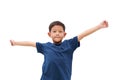 Portrait of Asian boy child arms outstretched or keeping arms raised isolated on white background. Kid with hands wide open. Kid